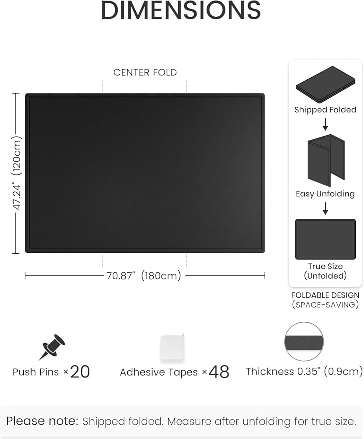 Fluxynara Large Bulletin Board, 70.8" x 47.2" Cork Board Alternative with 48 Safe Removable Adhesive Tabs, Foldable Felt Pin Board for Home Office, Classroom, Bedroom,Entryway for Walls—Black