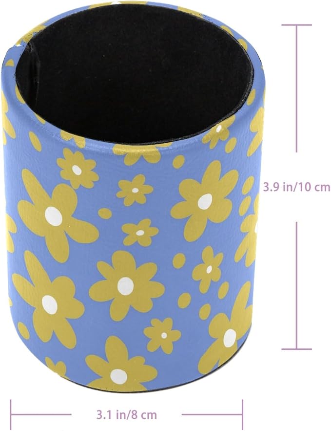 Yellow Flowers Leather Pen Holder for Desk, Multifunctional Desktop Organizer Pencil Cup, Desktop Caddy Stationery Organizer for School Home Office Desk Accessories