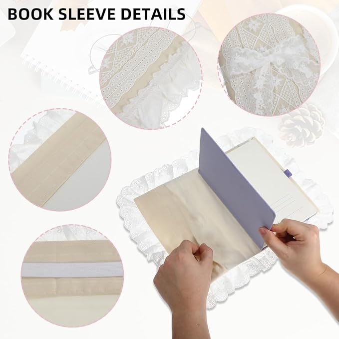 Tofficu Fabric Book Cover with Lace Trim and Bow, A5 (5.9 x 8.3'') Vintage Cloth Book Sleeve Protector for Paperbacks, Notebooks, Bible and Planners, Aesthetic Reusable Wrap for Reading Lovers, Beige