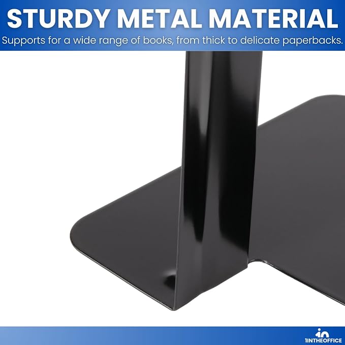 1InTheOffice Bookends for Shelves, Metal Bookends, 8 1/4" x 5 7/8" x 9", Non-Slip, Black, 2 Pack