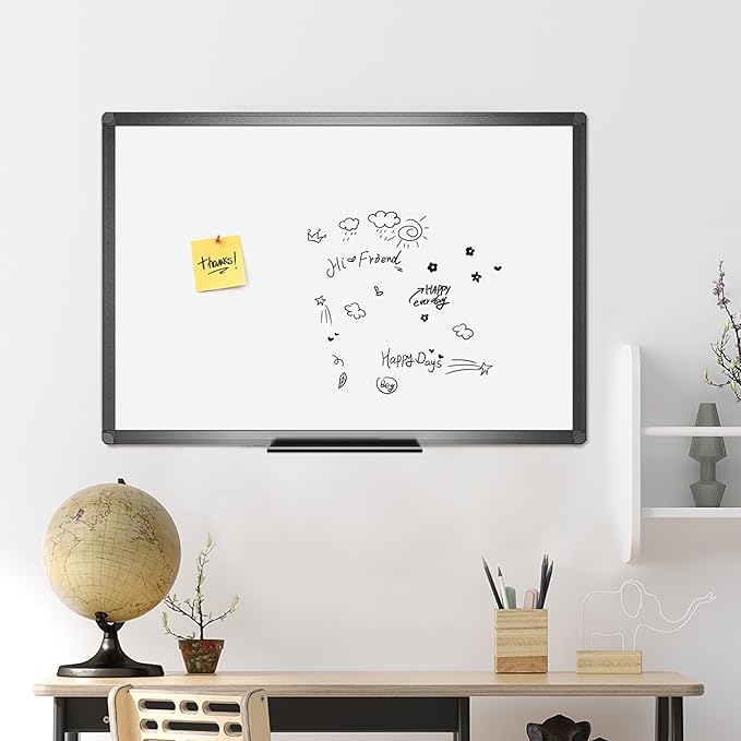 VIZ-PRO Magnetic Dry Erase White Board, 48 X 36 Inches, Black Aluminium Frame