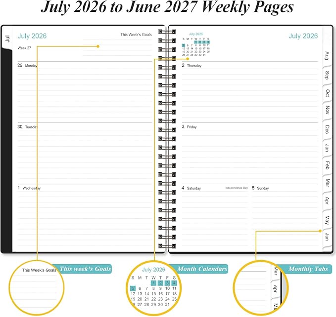 2026-2027 Planner - Weekly and Monthly Calendar Planner from Jul 2026 - Jun 2027, Planner 2026-2027 Spiral Bound with 12 Monthly Tabs, Inner Pocket, Perfect for School Office Supplies, 6.4" x 8.5", Black-C