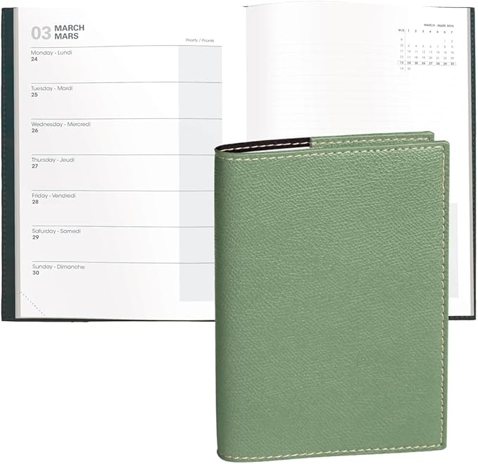 Quo Vadis 2026 Note - Bi-Lingual (EN/FR) - Weekly/Monthly Planner - 16 Months, Sept. 2024 to Dec. 2026 - 6" x 8 1/4" - Grained Faux Leather Club Sage Cover - A Modern Design for Journaling and Detailed Planning