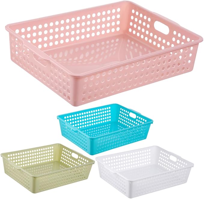 ARTIBETTER 4Pcs File Organizer Baskets Versatile Plastic Storage Bins for Home Office Creative Sundries Storage Trays Hollow Handles Large Desktop Organizing Baskets