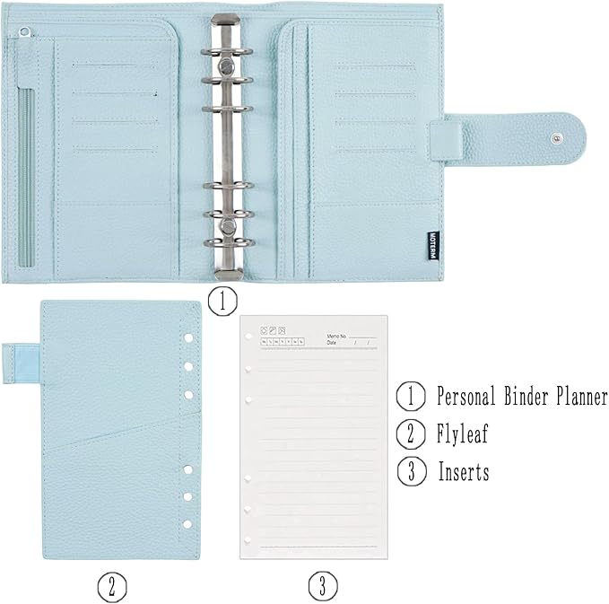 Moterm Personal Luxe Rings Planner - Genuine Leather Binder Organizer (30mm Ring, Pebbled-Light Blue)