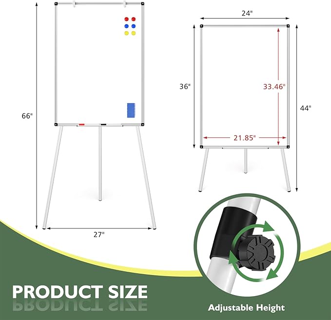 Magnetic Whiteboard Easel Stand, Dry Erase 36 x 24 White Board with Height Adjustable Tripod Stand, 3' x 2' Flipchart Easel Stand Presentation Board, 6 Magnets, 1 Eraser, 2 Pens