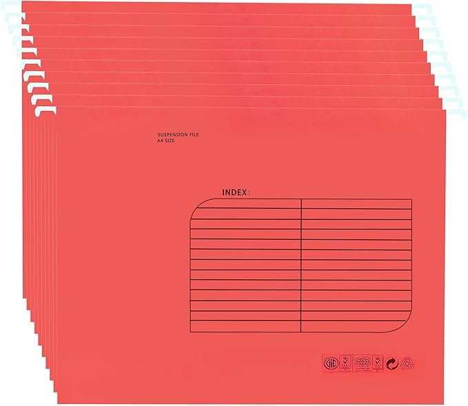 Hanging File Folder, A4 Suspension Files Holder, Hang Folder, Filing Cabinet Suspension File with Tab and Label for School Home Office, Red, 25 Pack