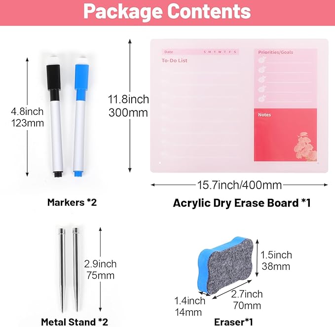 LeMotech Desktop Acrylic Dry Erase Board, 15.7x11.8 inches to-Do List Planner, Tabletop Whiteboard with Stand Office Supplies Includes 2 Markers & 1 Eraser, Pink Rose Pattern, 1 Pack