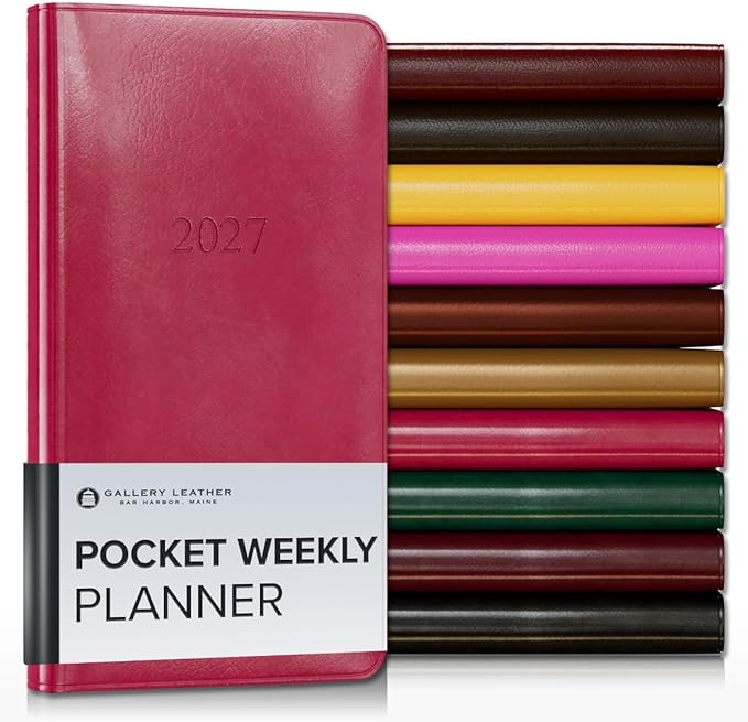 Gallery Leather Pocket Weekly Monthly Planner 2027, Elegantly Bound Calendar Planner and Notebook with Stylish Gold-Gilded Page Edges, 12 Months - Acadia Wild Rose - 6x3.25"