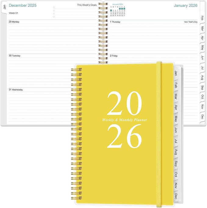 2026 Planner - Weekly & Monthly Planner Spiral Bound, Planner 2026 from January 2026 - December 2026 with Monthly Tabs, Inner Pocke, 8.5" x 11", Yellow