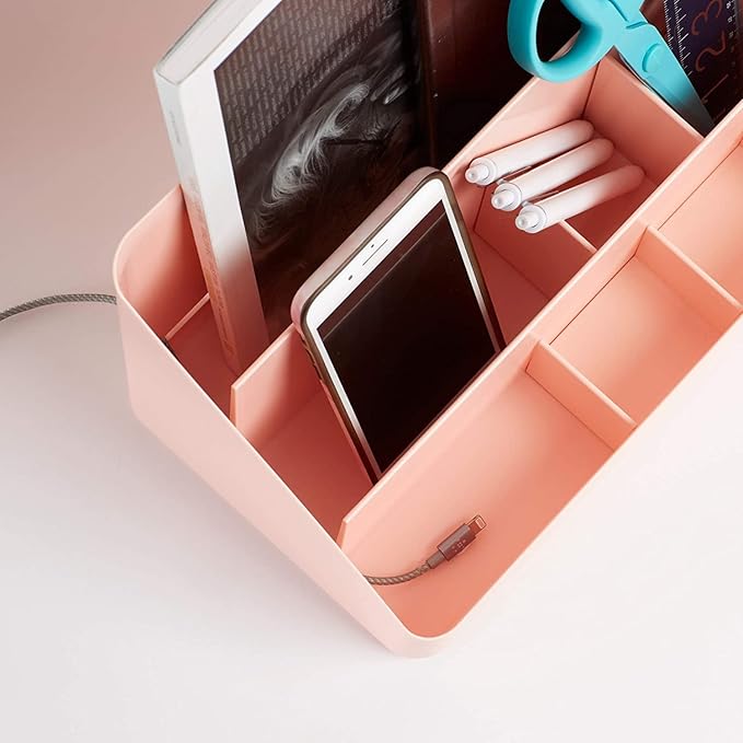 Poppin Desk Organizer with 3 Tiers, Sliding & Removable Dividers, Charging Station - All-in-One Workspace Organizer for Office Supplies, Desktop Organizer