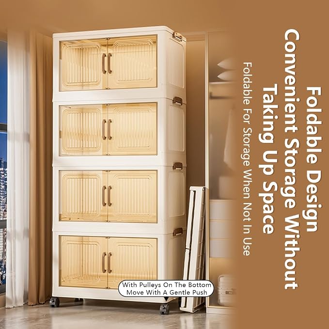 Thick Foldable Storage Bins with Wheels, Closet Organizers with Lid, Multi-Layer Stackable Organizer for Living Room, Bedroom, Kitchen, Office, Dorm