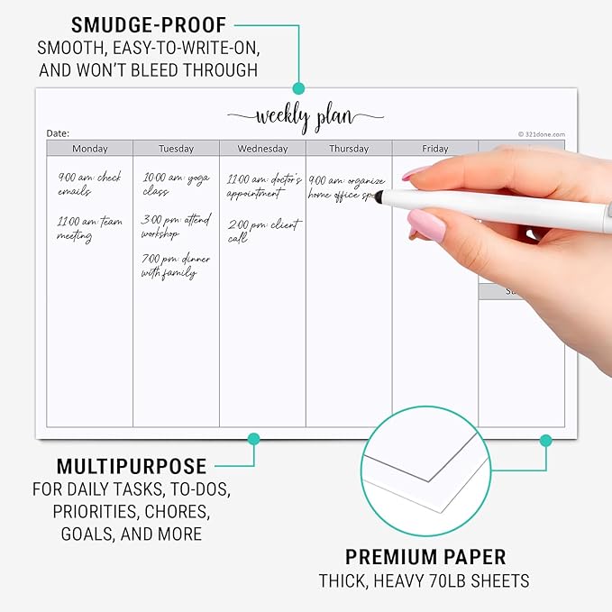 321Done Weekly Planning Notepad Landscape - 50 Sheets (8.5" x 5.5") - Horizontal Weekly Days of Week Paper Note Pad, Planner Organizing - Made in USA - Simple Script