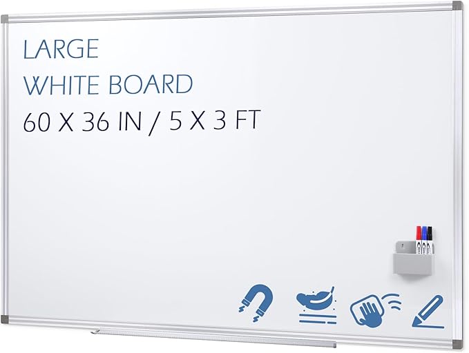 SWANCROWN White Board Dry Erase 60 x 36 Inches, Large Whiteboard for Wall with Thick Aluminum Frame, 5' x 3' Magnetic Whiteboard with Long Marker Tray & Magnetic Pen Holder for Office & Home