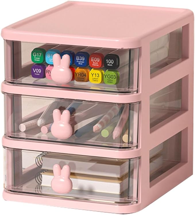 ZJchao Plastic Drawers Organizer, Storage Organizer Multi Tier Large Capacity Transparent with Bunny Handle for Office Supplies Books Pens (Pink, 3 Tier(13.4x17x16cm))