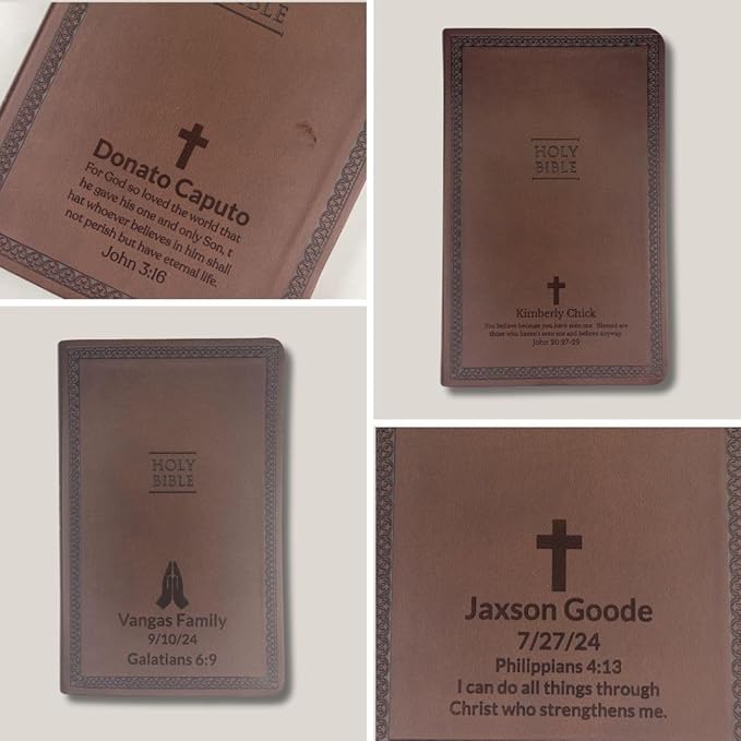 Personalized NIV Thinline Holy Bible with Custom Name Includes Up to 3 Rows of Text Debossed Imprinted on Faux Leather Cover | Custom Gift for Christian & Religious Celebrations (Brown)
