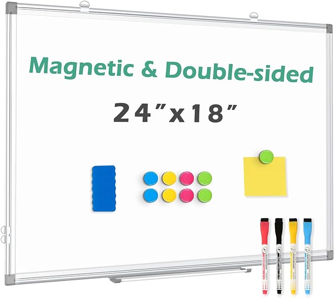 Double-Sided Magnetic White Board, 24"x 18" Dry Erase Board for Wall Mounted & Hanging with Aluminum Frame, Whiteboard for School, Office and Home