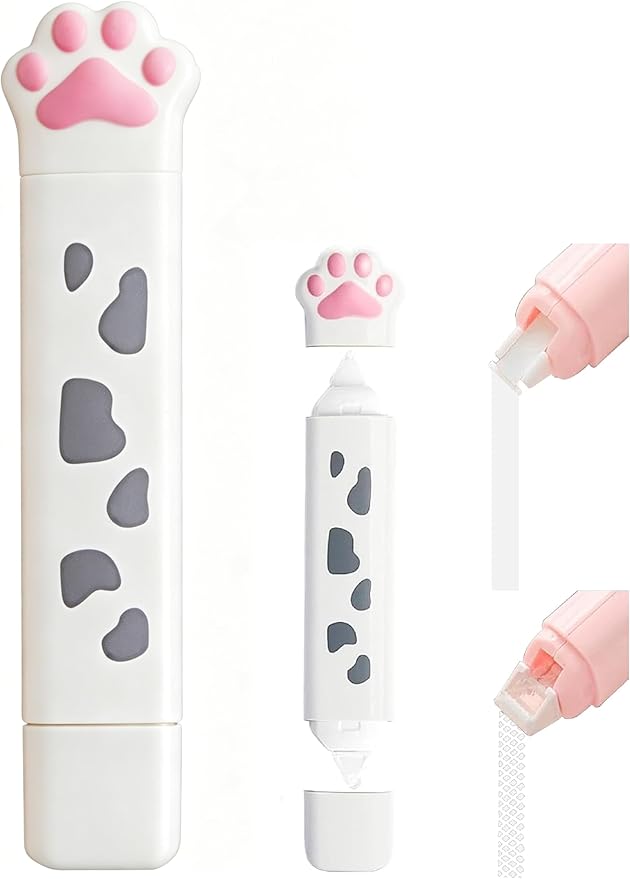 White Cute 2 in 1 Correction Tape and Glue Set, Double Sided Tape Roller, Cartoon Aesthetic Cat or DIY Scrapbook Kids Students Writing Kids Students Office School Supplies