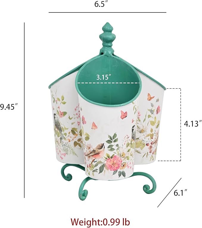 360° Rotating Metal Pen Holder for Desk, Cute Floral Bird Desktop Organizer with Dome Roof, Pencil Cup & Remote Control Holder for Home Office (Green)