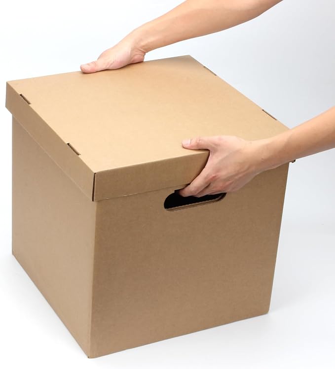 10 Pcs Cardboard Vinyl Record Storage Box, Stackable Moving Box with Handles and Lids, Sturdy Cardboard Crate Vinyl Record Crate for Storing Album Document File Folder Organizer