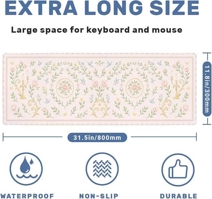 Romantic Garden Gaming Mouse Pad Large Desk Mat Soft Pink Rose Vintage Butterfly Mousepad for Keyboard and Mouse Extra Large Full Desk Computer Pads 31.5 x 11.8 Mouse Pads for Desk Home Office Gaming