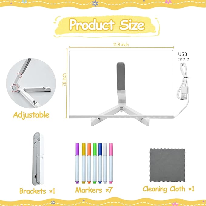 LED Note Board with Colors,Glowing Acrylic Dry Erase Board with Light,Light Up Dry Erase Board with Adjustable Stand with 7 Pens,Lumiboard Led Boards to Write On,Halloween Gifts for Kids (11.8"x7.8")