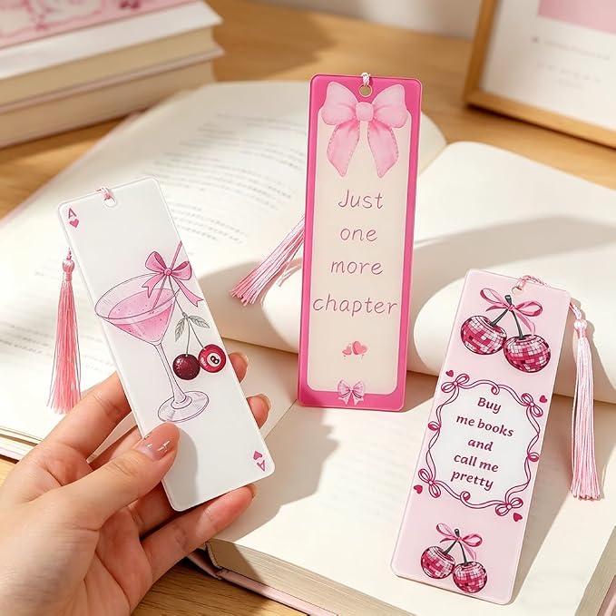 3 Pack Coquette Cherry Bookmarks Set, Cute Girly Acrylic Book Marks with Tassels, Funny Book Lover Gifts for Women (3PCS-Pink)