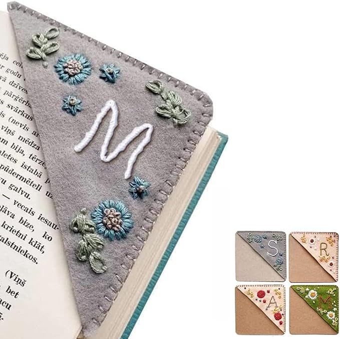 Personalized Hand Embroidered Corner Bookmark, 26 Letters Cute Flower Embroidered Corner Bookmark Embroidery Book Marker Clip for Book Lovers Bookmarks for Reading Lovers Meaningful GIF (Winter, M)