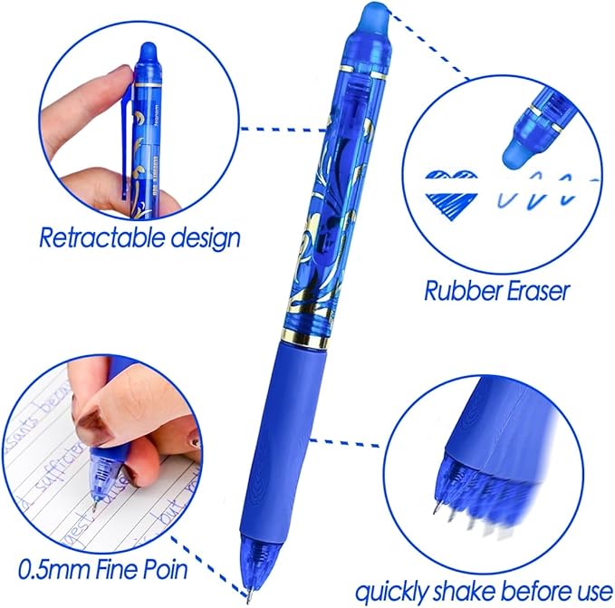 10Pcs Erasable Gel Pens, 0.5mm Retractable Quick Dry Fine Point Blue Ink Pens, Smooth Writing Multicolor Pens for Journaling, Coloring, Drawing, Doodling, Note Taking