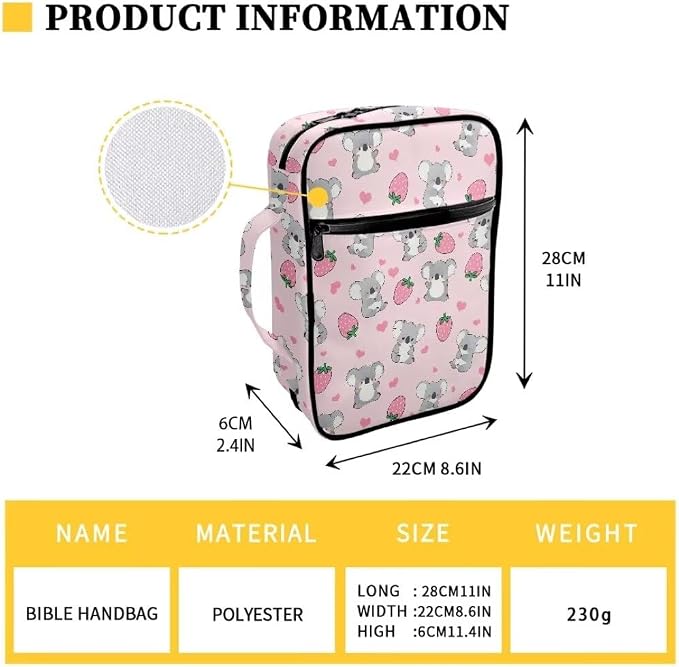 Coldinair Koala Bible Cover for Women Teens Kid Girls,Strawberry Carrying Book Case Church Bag Bible Holder with Handle and Zippered Pocket,Pink