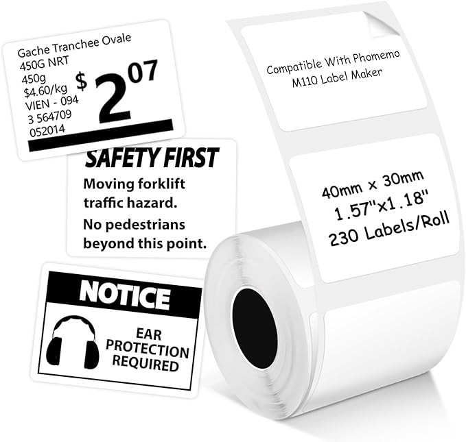 Thermal Labels Compatible with Phomemo M100/M110/M150/M221/M220/M120/M200/M250 Label Printer 1.57"x1.18"(40x30mm),230 Labels/Roll, for Barcode/Address/Mailing/Logo/Business/Home Tag, Black on White