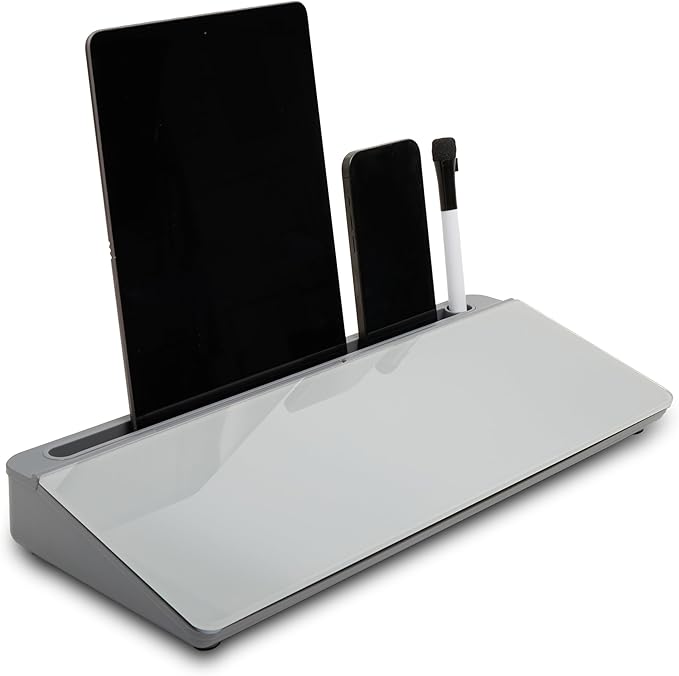 GAROOD Desktop Dry Erase Board with Storage Grey Color Desk White Board Desk Board Glass Desktop White Board with Stand Home Office Organizer Phone Holder 15.8X7X2 inches