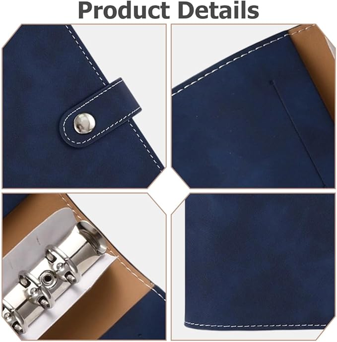 A6 PU Leather Binder Cover Refillable Soft Cover Travel Journal Notebook Protector Folder 6 Ring Planner Cover Loose Leaf Binder with Divider Pocket for Meeting Filler Paper Cash (Dark Blue)