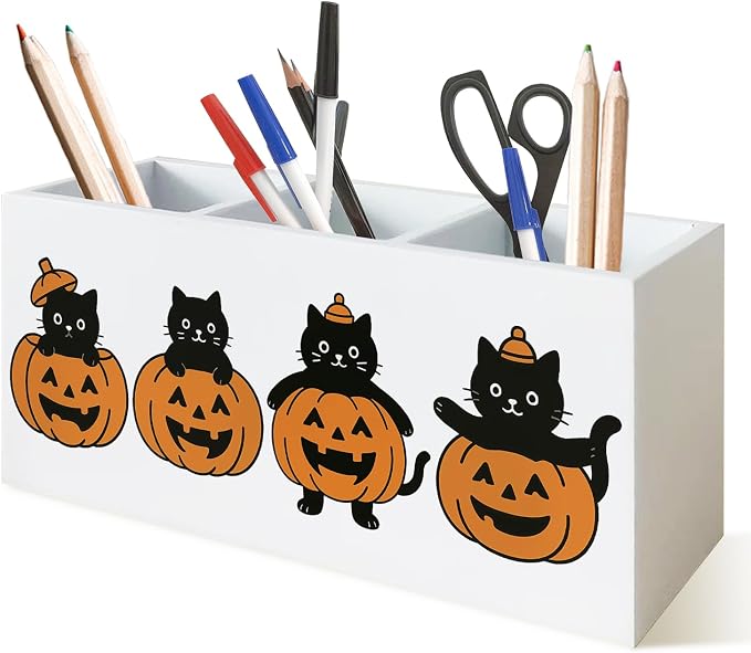 Halloween Black Cat Pen Holder for Desk, Funny Pumpkin Cute Black Kitten Wooden Box Sign Desk Decor for Home Office Decoration, Fall Halloween Pencil Organizer, Cat Lover Gifts