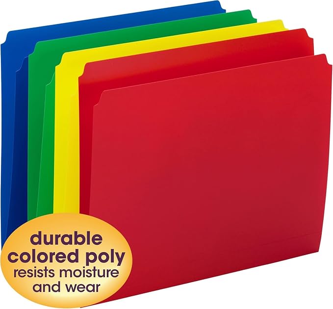 Smead Poly File Folder, Straight-Cut Tab, Letter Size, Assorted Primary Colors, 48 Count