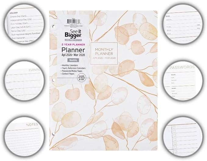 PlanAhead Home/Office 2-Year Monthly Planner, April 2026 – March 2028, 8.5 x 11 Inches and Customized Color Pen (Flowers)
