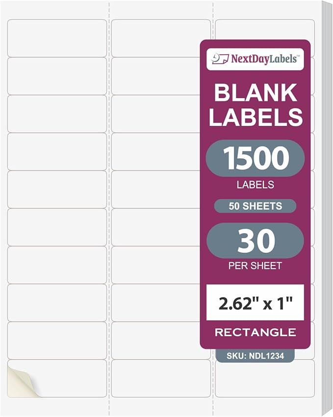 NextDayLabels 2.63x1 Inch Rectangle Stickers White Blank Labels for Laser Inkjet Printer - 30 Per Sheet Self-Adhesive Address Mailing Name Tags Made in USA - 1500 Labels