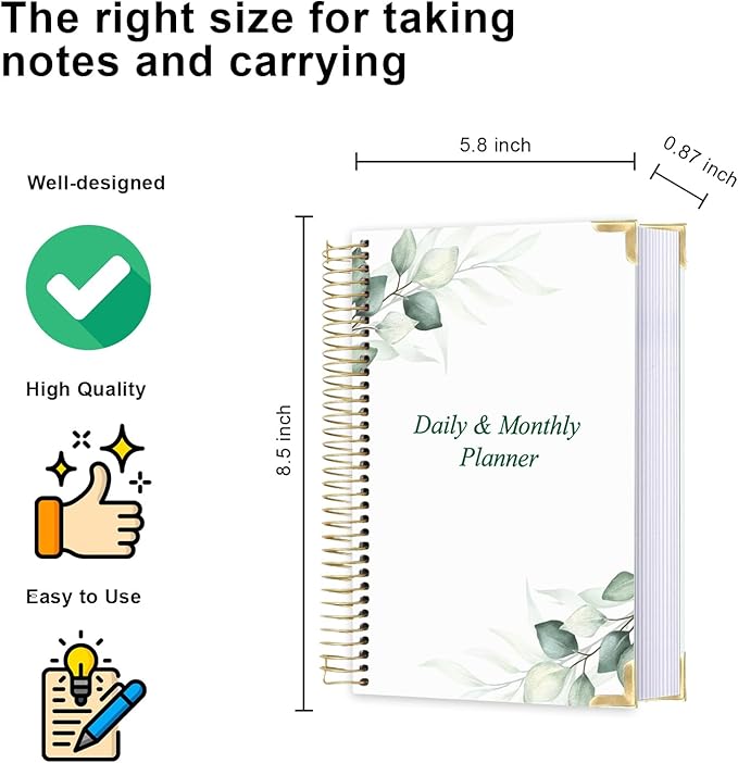 Undated Daily Monthly Planner for 2026 or Anytime - A5 To Do List with Hourly Schedule, Hardcover Spiral Bound Daily Planner to Increase Focus, Stylish School/Office Supplies, 5.8" x 8.5", Green Leaf