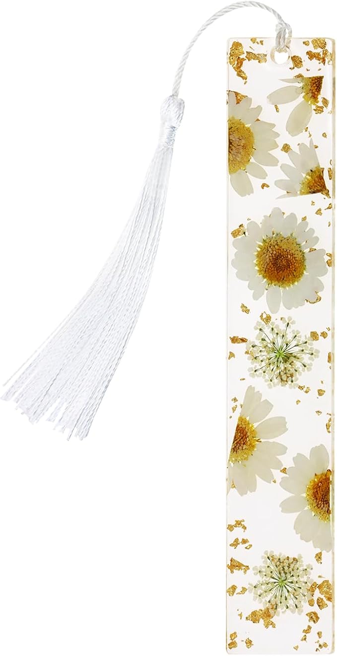 Penta Angel Dried Flower Resin Bookmarks Handmade Clear Pressed Floral Page Markers with Silky Tassel Reading Gift for Women Adults Graduation Valentine’s Day Christmas (White & Yellow)