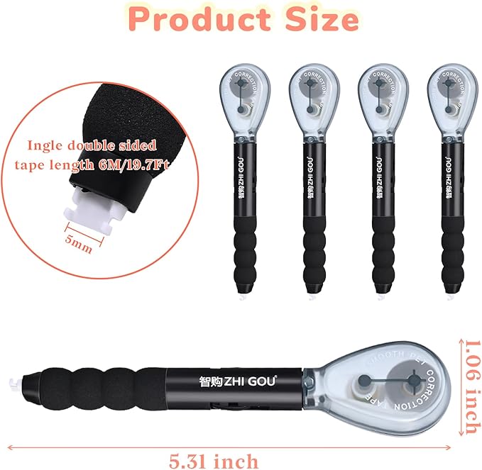 Temiary 4 Pcs White Correction Tape Pen, 19.69 ft Smooth Pull Out Tape Pens, Instantly Dry, Easy to Use Applicator for School Office Supplies (Black)