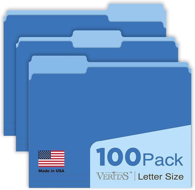 Blue Folders File Folders 100-Pack Letter Size 8.5" x 11" Blue Colored Folder with 1/3-Cut Tabs Durable Pressboard Folders for Office, School, Home, Business Filing Supplies, Made in USA
