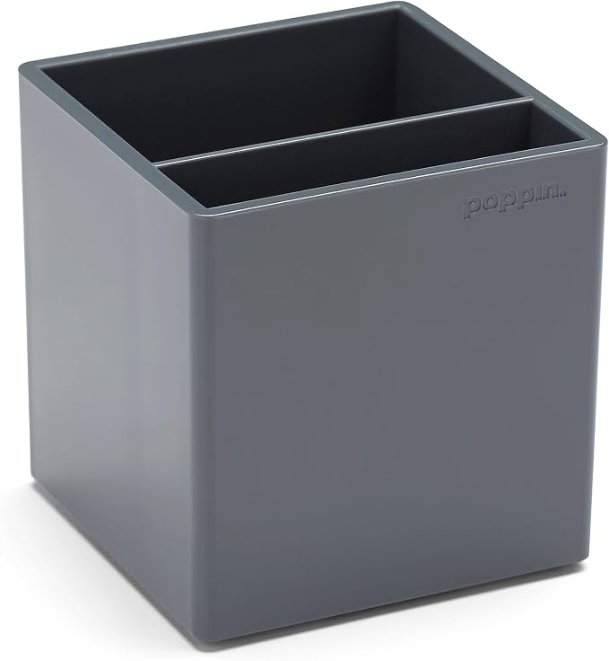 Poppin Super Stacked Desk Set - Dark Gray, Two Letter Trays, Accessory Tray, Silicone This + That Tray, Double-Compartment Pen Cup and 6 Signature Ballpoint Pens, Complete Office Organizer Set