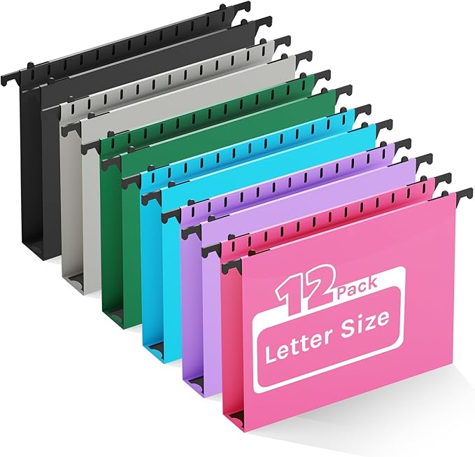 Ansook Letter Size Hanging File Folders,12 Pack Extra Capacity File Folders Hanging with Tabs,Heavy Duty 1 Inch Expandable File Folder Organizer,Plastic Filing Cabinet Folders for Office Home School