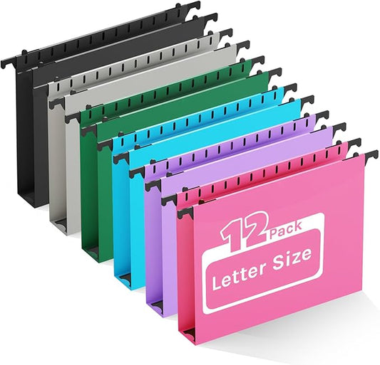 Ansook Letter Size Hanging File Folders,12 Pack Extra Capacity File Folders Hanging with Tabs,Heavy Duty 1 Inch Expandable File Folder Organizer,Plastic Filing Cabinet Folders for Office Home School