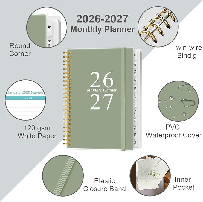 2026-2027 Monthly Planner - January 2026 - June 2027, Two Pages Per Month, 18 Monthly Calendar/Planner with Tabs, Inner Pocket, 6.4" x 8.5", Green
