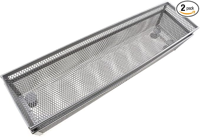 HAHIYO Stackable Mesh Tray Cup 12 x 3 x 2 inches Sturdy Container for Desk Drawer Organizer Collection for Home Office School kitchen Soft Foam Feet No Sharp Edges 2 Pack Silver