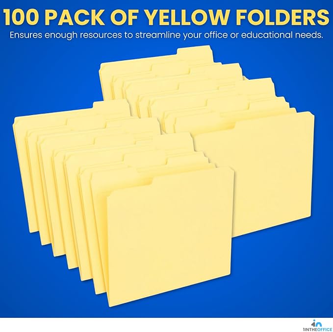 1InTheOffice Yellow Folders, File Folders Letter Size, Filling Folder, Top Tab, 1/3 Cut Assorted Tab, 100 Pack