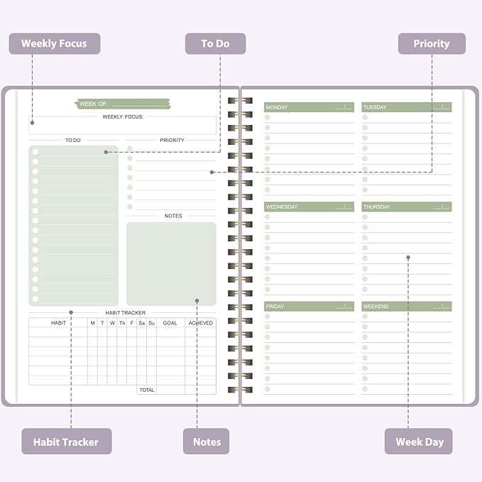 Undated Weekly Planner, Weekly To Do List Notebook with Goal, Organizer & Habit Tracker, A5 Daily Planner with Spiral Binding, Ideal for Office School Suppies