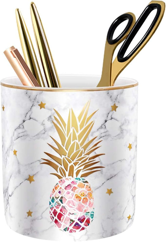 Cute Pen Holder for Desk, Ceramic Pencil Organizer, Makeup Brush Holder, Office Decor and Desk Accessories Durable Ceramic, Pineapple Pattern