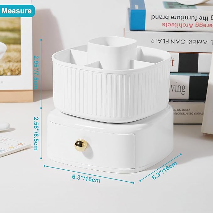 Pencil Pen Holder with Drawer, 5 Slots 360 Degree Rotating Pen Organizer For Desk, Desktop School Supplies Desk Accessories for Office School Home Art Supply White